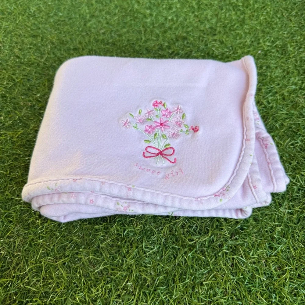 Vtg Carters Just One Year Pink Floral Baby Blanket Sweet Girl Cotton Double side